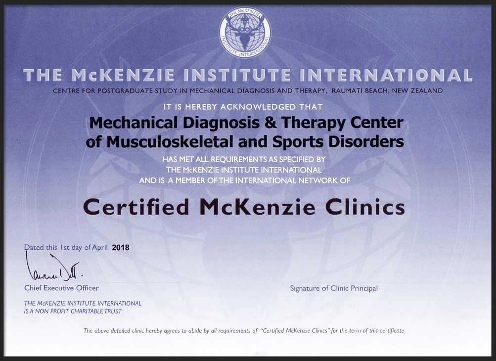 Η Κλινική Μηχανικού Πόνου είναι η μοναδική Πιστοποιημένη Κλινική McKenzie στην Ελλάδα και στα Βαλκάνια. Διευθύνεται από τον κ. Σπανό που είναι πρόεδρος του Ελληνικού Ινστιτούτου McKenzie και Senior Instructor του Διεθνούς Ινστιτούτου McKenzie